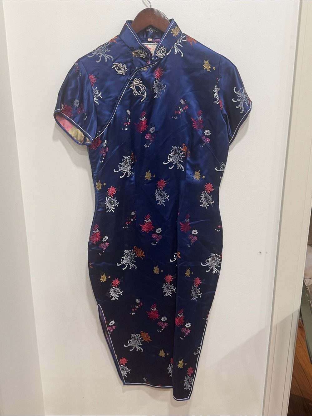 Vintage Solz Squirrel Blue Satin Floral Embroidered Cheongsam Qipao Dress Sz 38